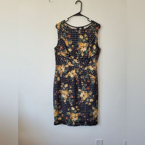 Navy Floral Grid Sheath Pencil Dress Office Career Professional Church Twee XXL - Picture 6 of 12